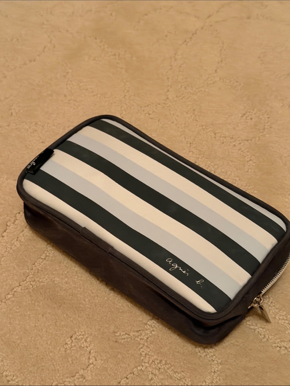 Agnes B. Black and White Striped Toiletry Bag